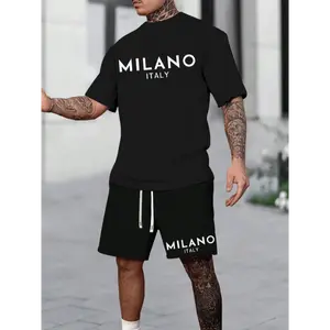 MILANO ITALY Letter Print Men's Two-piece Set, Casual Crew Neck Short Sleeve T-shirt & Drawstring Shorts With Pocket, Cool Comfortable Versatile Outfits For Summer Clothes Fabric Menswear Stretch Suits Tops Gamis Polyester Tropical Crewneck Shortsleeve