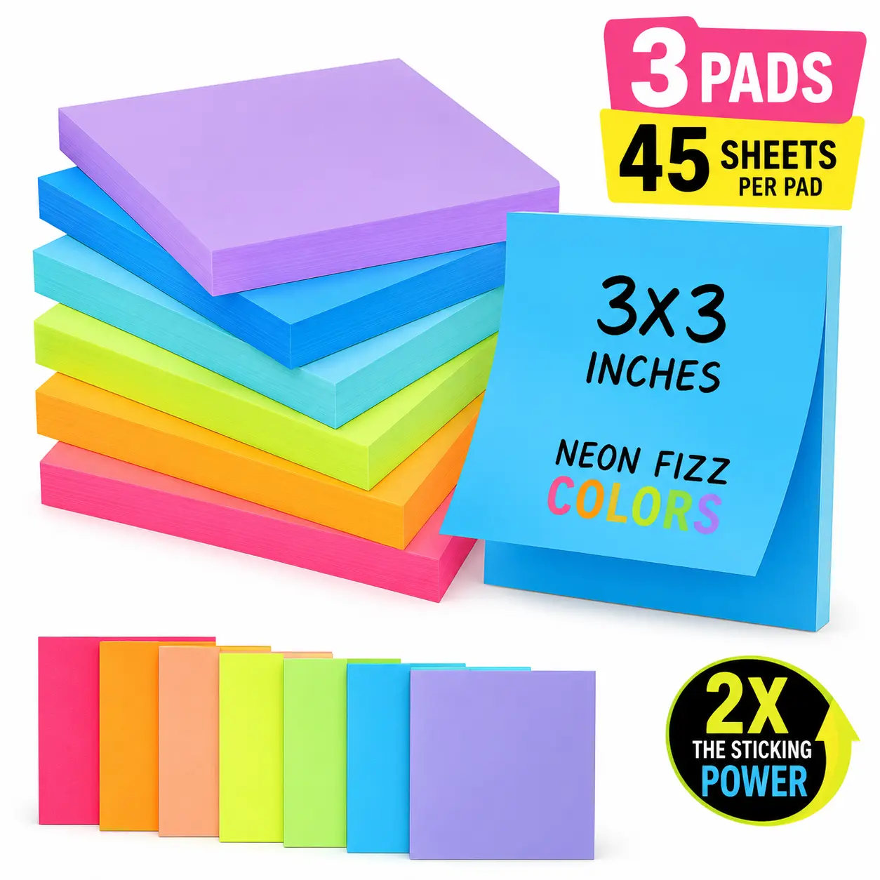 Assorted Neon Extra-Sticky 3x3 in Sticky Notes, 3 Pads (45 Sheets/Pad) with 2X Sticking Power, Office Stationery Supplies for Office & School Use