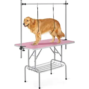 Yaheetech 46'' Pet Grooming Table for Large Dogs Adjustable Height - Portable Trimming Table Drying Table W/Arm/Noose/Mesh Tray Maximum Capacity up to 265Lb -Pink