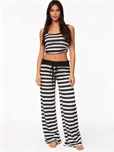 Women's new high stretch long pants with striped printed pants casual pants loose pants wide leg pants home pants S-XXL Bottom Womenswear