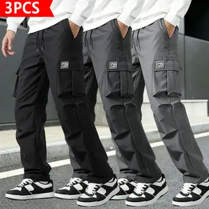 Men’s 3-pack wide-leg cargo pants featuring multiple pockets and an elastic waistband; casual streetwear style with a loose fit and drawstring design—ideal for outdoor activities, urban fashion, everyday casual wear, and weekend outings.