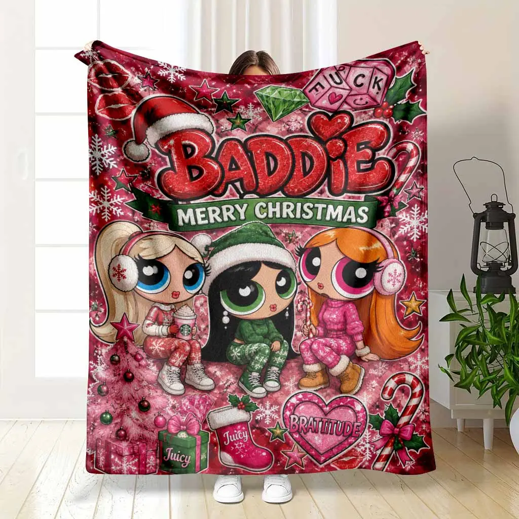 Baddie Aesthetic Y2K Cartoon Girls Flannel Blanket Merry Christmas Pink Plush Throw Ultra Soft Winter Holiday Room Decor Best Friend Gift