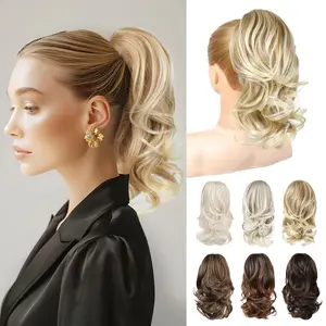 Ponytail Extension, 14" Claw Clip in Ponytail Hair Extensions Natural Soft Synthetic Layered Wavy Pony Tail Hair Pieces for Women - Golden Blonde with Highlights