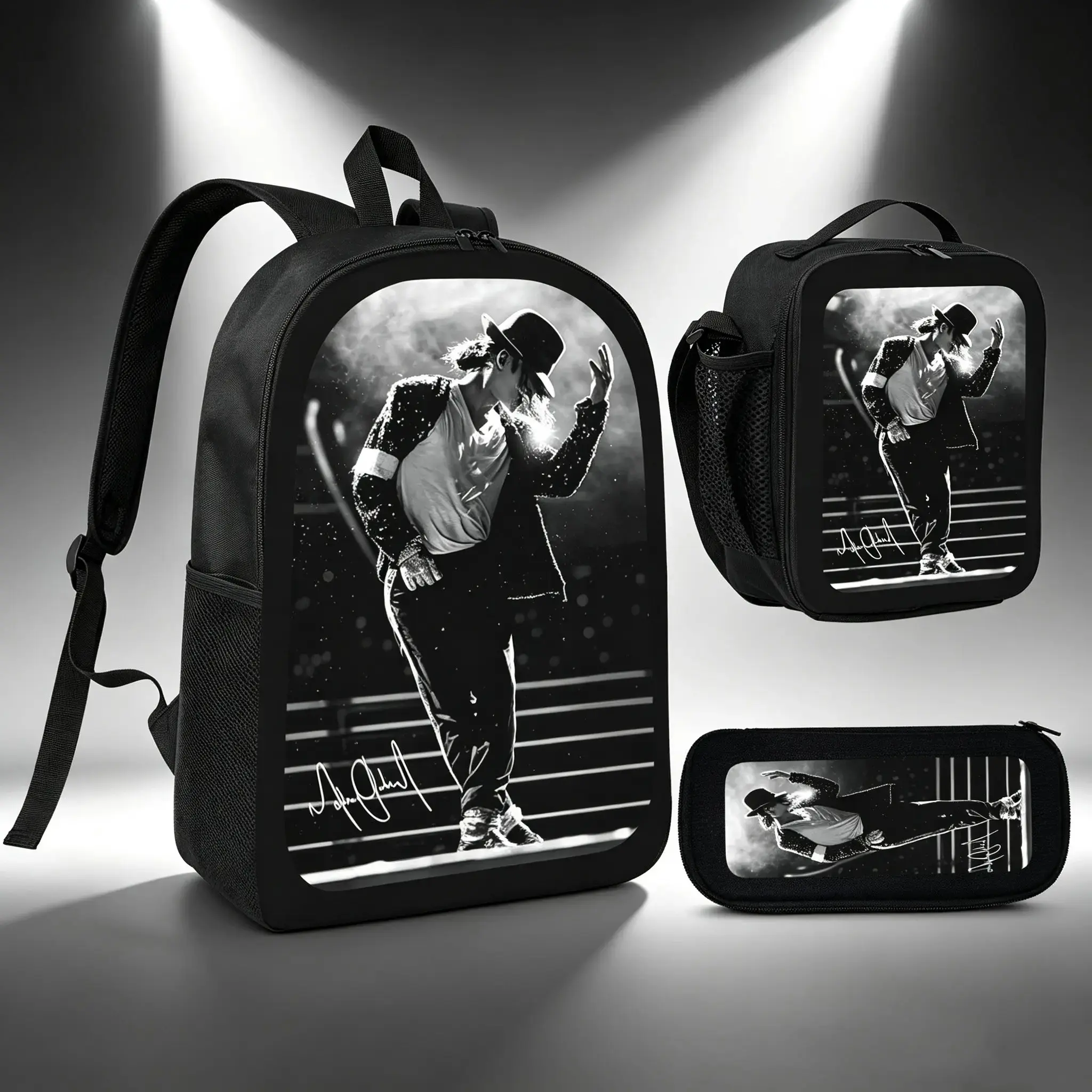 Michael Jackson Backpack Set 3Pcs Lunch Bag Pencil Case Pop Music Theme Lightweight Travel Backpack TikTok Viral MJ Dance Style Fan Gift