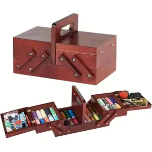 1pcs Wooden Expandable Sewing Box Sewing Kit Box with Handle, Embroidery Kit Wooden Sewing Basket