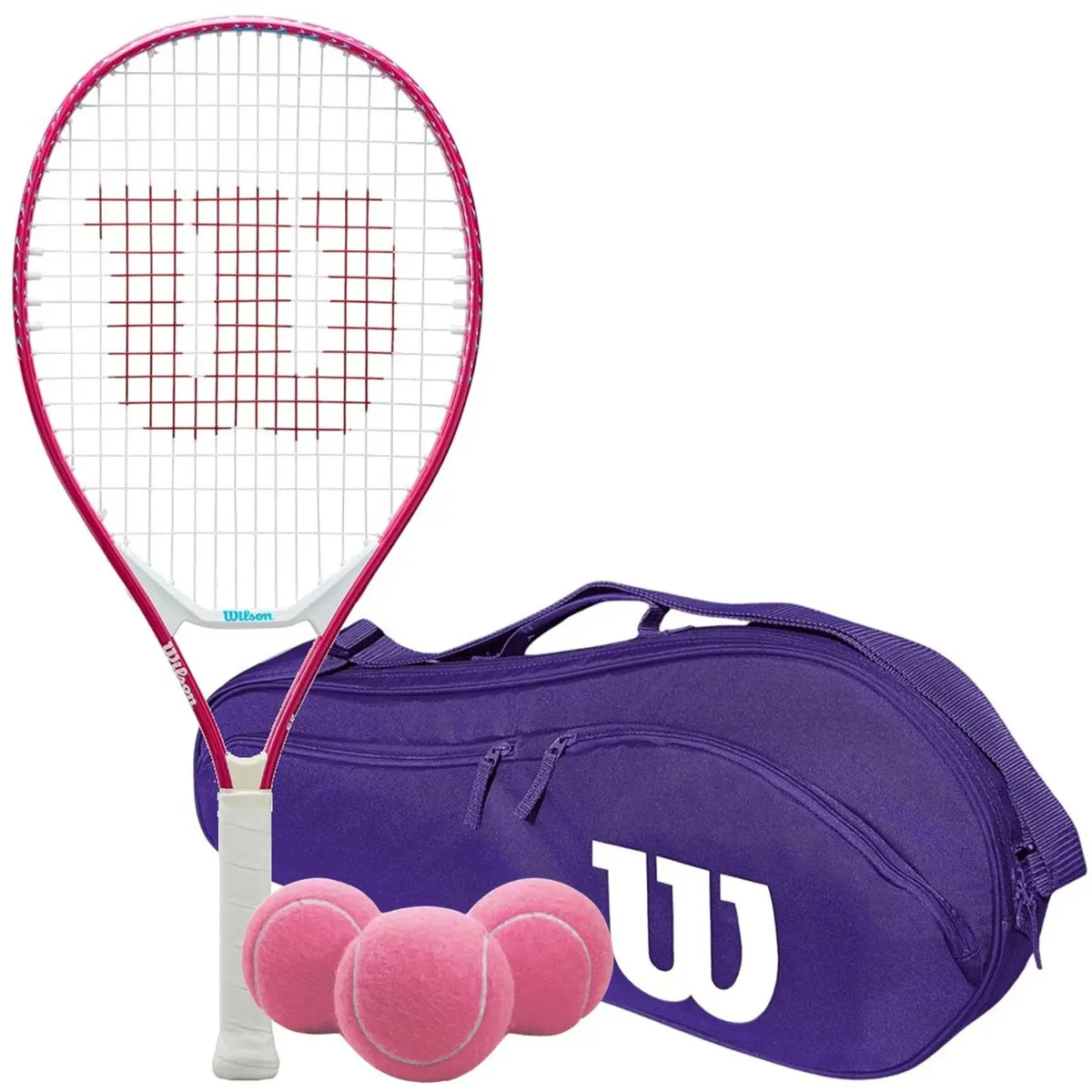 Wilson Ultra Power Jr Tennis Racquet (Pink) + Advantage 2.5 Tennis Bag + 3 Pink Tennis Balls
