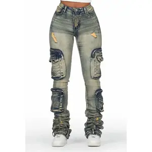 Women’s Dark Wash Tinted Cargo Jeans: Superstacked Silhouette Fabric Streetwear
