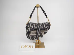 Pre-owned Dior canvas Shoulder Bags Christian Oblique Embroidered Saddle Bag Blue