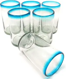 Aqua Rim Drinking Glasses - Set of 6 (14 oz each)
