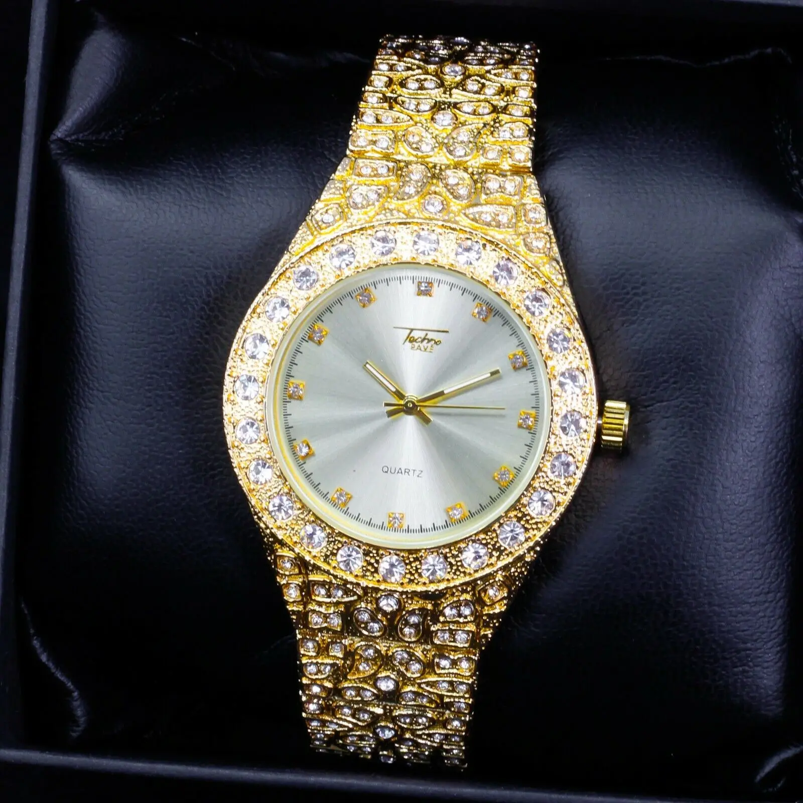 MaxBling81 Men's Iced Luxury Watch - 43mm Round Stainless Steel Case with Golden Nugget Pattern, Quartz Movement, Adjustable Links & Secure Clasp, Analog