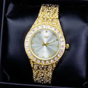 Men's Wristwatch Iced Luxury Hip Hop Golden Nugget Bling Metal Shiny Fashion Watch 43mm Stainless Steel with Quartz Movement, Includes Battery