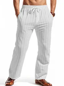 Men's Fall Outfits Linen Stripe Elastic Waist Drawstring Casual Pants for Daliy Wear, Stylish Business Casual Essential, Comfortable and Versatile Men's Clothing, Casual Minimalist Trousers, Casual Comfy Trousers