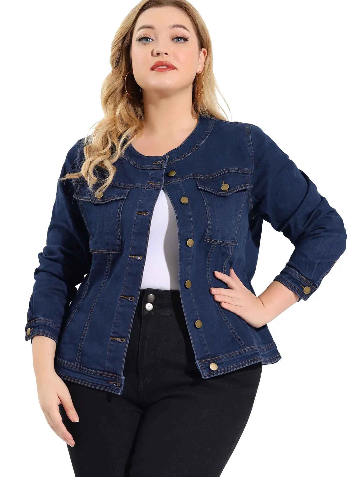 Agnes Orinda Plus Size Long Sleeves Collarless Denim Jackets