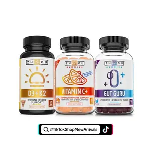 Zhou Immune + Wellness Essentials Stack - D3 + K2, Vitamin C Gummies, Gut Guru Gummies