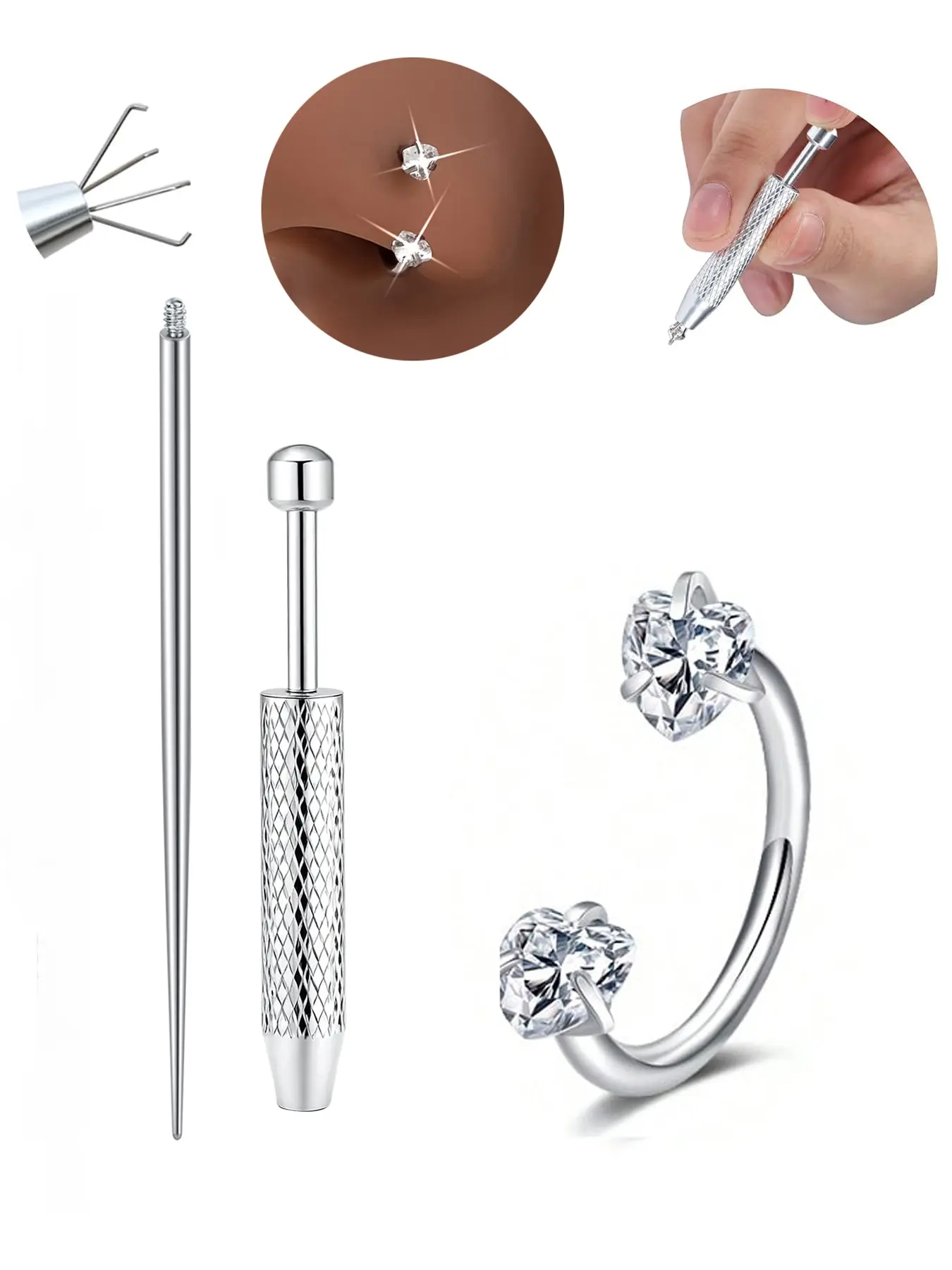 Horseshoe Septum Nose Ring with Piercing Ball Grabber Tool, Heart & Star Shaped CZ Internal Threaded Cartilage Piercing Jewelry for Tragus, Helix & Labret, Body Piercing Jewelry, Hypoallergenic Stainless Steel Material, 18 Gauge 8mm