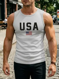 [Summer Vibes] USA Flag Ribbed Tank Top for Men | Classic Fit Sleeveless Gym Shirt | American Patriotic Fourth of July Casual Wear | Premium Breathable Cotton Vest