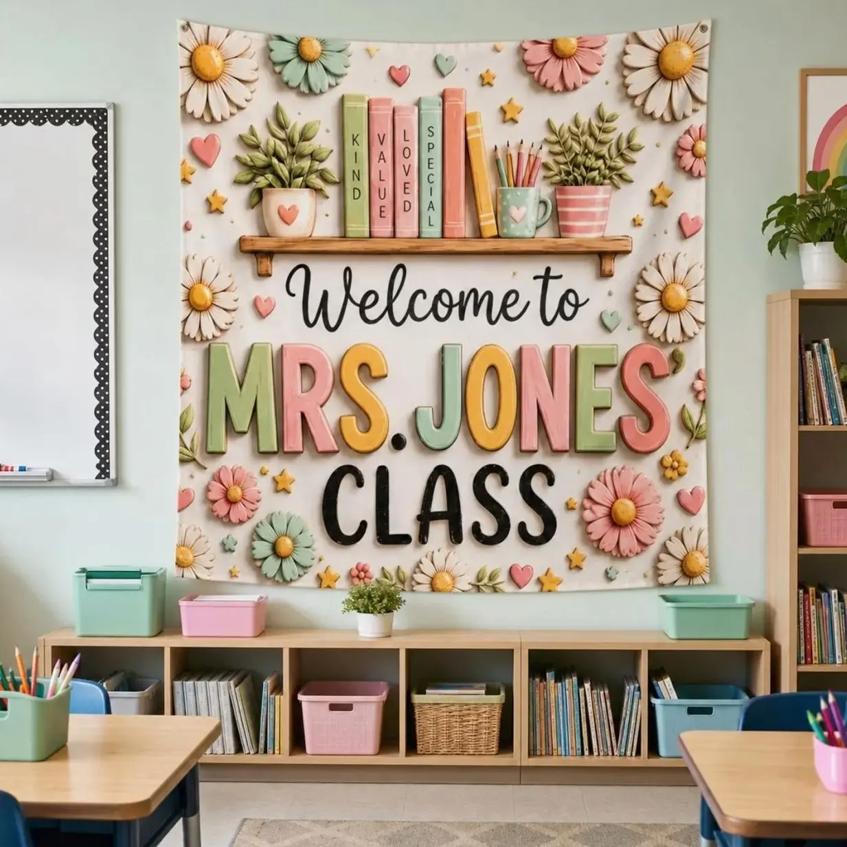 Custom Classroom Banner, Personalized Teacher Classroom Tapestry, Floral Classroom Decor, Welcome Classroom Sign, Teacher Name Wall Hanging