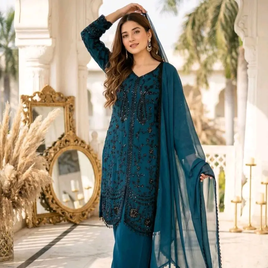 Women's Traditional Elegant 3-Piece Salwar Kameez Set - Stylish Matching Top, Blouse-Included Everyday Womenswear Clothing Set