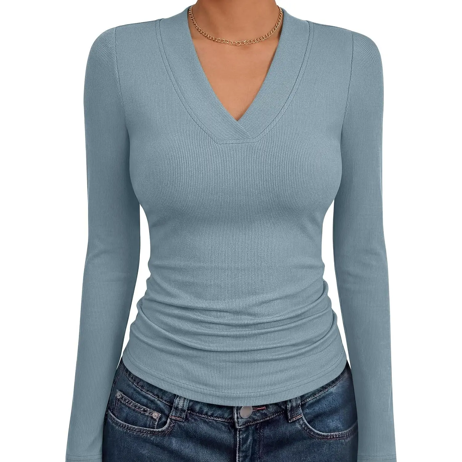 ANRABESS Womens Long Sleeve V Neck Ribbed Knit Tops | Slim Fit Basic Tee Shirts, Soft Stretch Breathable Fabric, Fall Winter Layering, Casual Work Travel Daily Wear