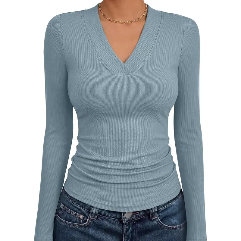 ANRABESS Womens Long Sleeve V Neck Ribbed Knit Tops | Slim Fit Basic Tee Shirts, Soft Stretch Breathable Fabric, Fall Winter Layering, Casual Work Travel Daily Wear