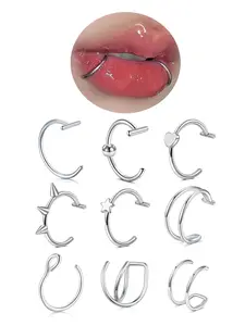 Fake Lip Piercing Ring, Clip-On Nose Ring Hoop, Faux Snake Bites, Vampire Teeth, Silver Color Fangs, Halloween Jewelry, Punk Style