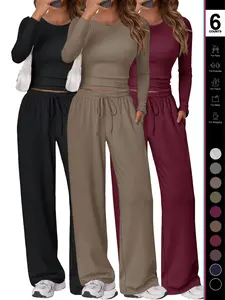 Women's 2 Piece Matching Lounge Set Long Sleeve Slightly Crop Top Wide Leg Pants Casual Sweatsuit 2026