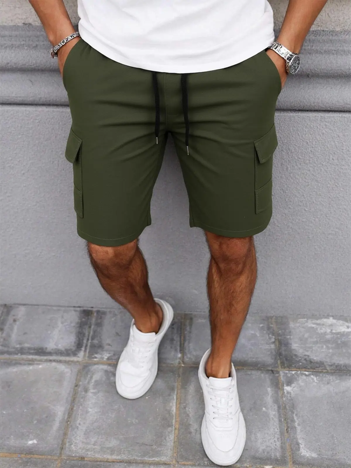 Men's Casual Polyester Work Shorts, Mid Waist, Loose Fit with Adjustable Drawstring Waistband, Flip Pocket, Breathable Summer Wear, Machine Washable, Plain Style
