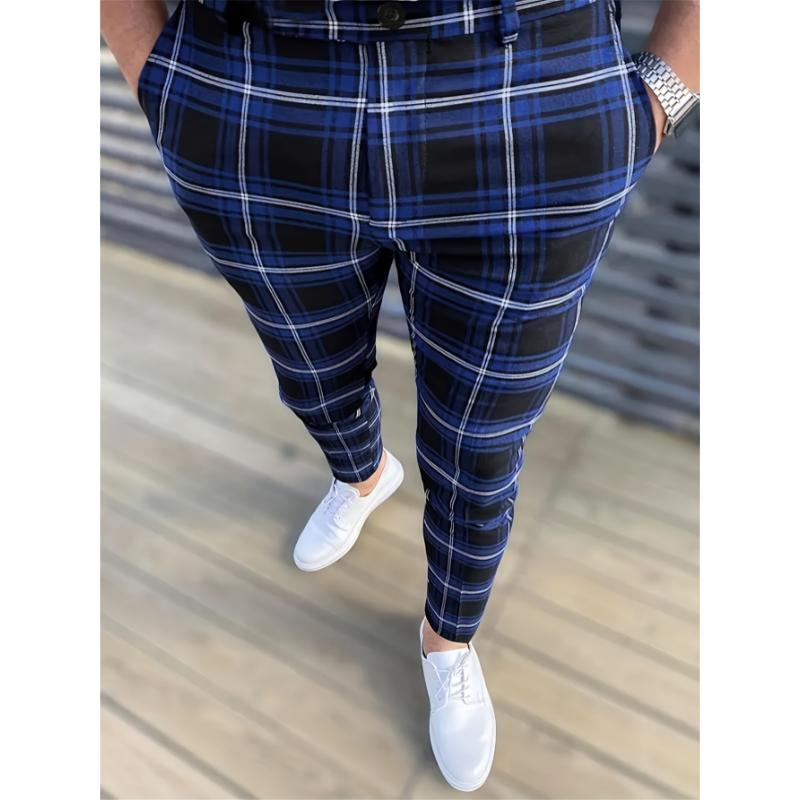 Elegant Plaid Slacks, Men's Casual Stretch Vintage Style Slightly Stretch Dress Pants