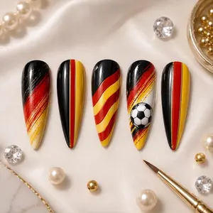 Germany Football Press On Nails 3D Black Red Gold Soccer Game Day