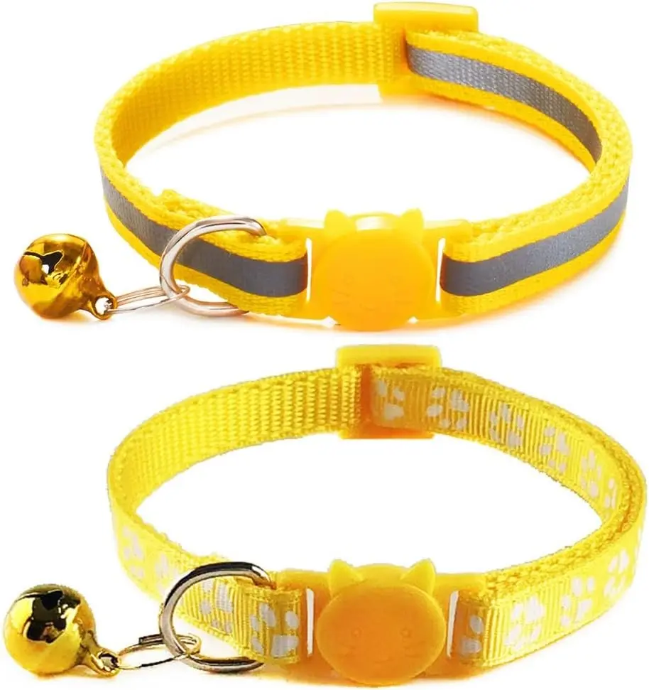 Reflective Breakaway Cat Collar with Bells 2 Pack Adjustable for Girl Boy Pet Cat 7.5-12.5 Inch Yellow