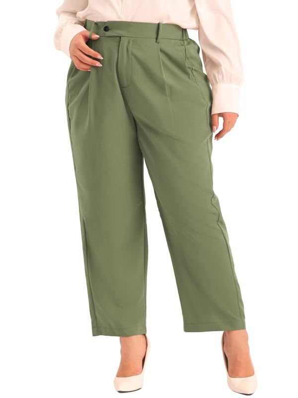 Agnes Orinda Plus Size High Elastic Waisted Long Straight Suit Pants with Pockets Army Green