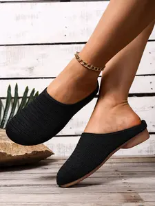 Women's Knitted Mules Slippers Breathable Hollow Out Flat Half Slipper Casual Home Wear Shoes, Microfiber Rubber Sole, Plain Pattern, Knit Clog