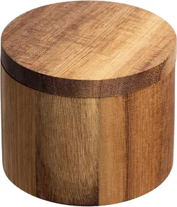 Wooden salt storage container designed for cooking spaces, blending practical seasoning access with decorative appeal for modern kitchens and apartment living.