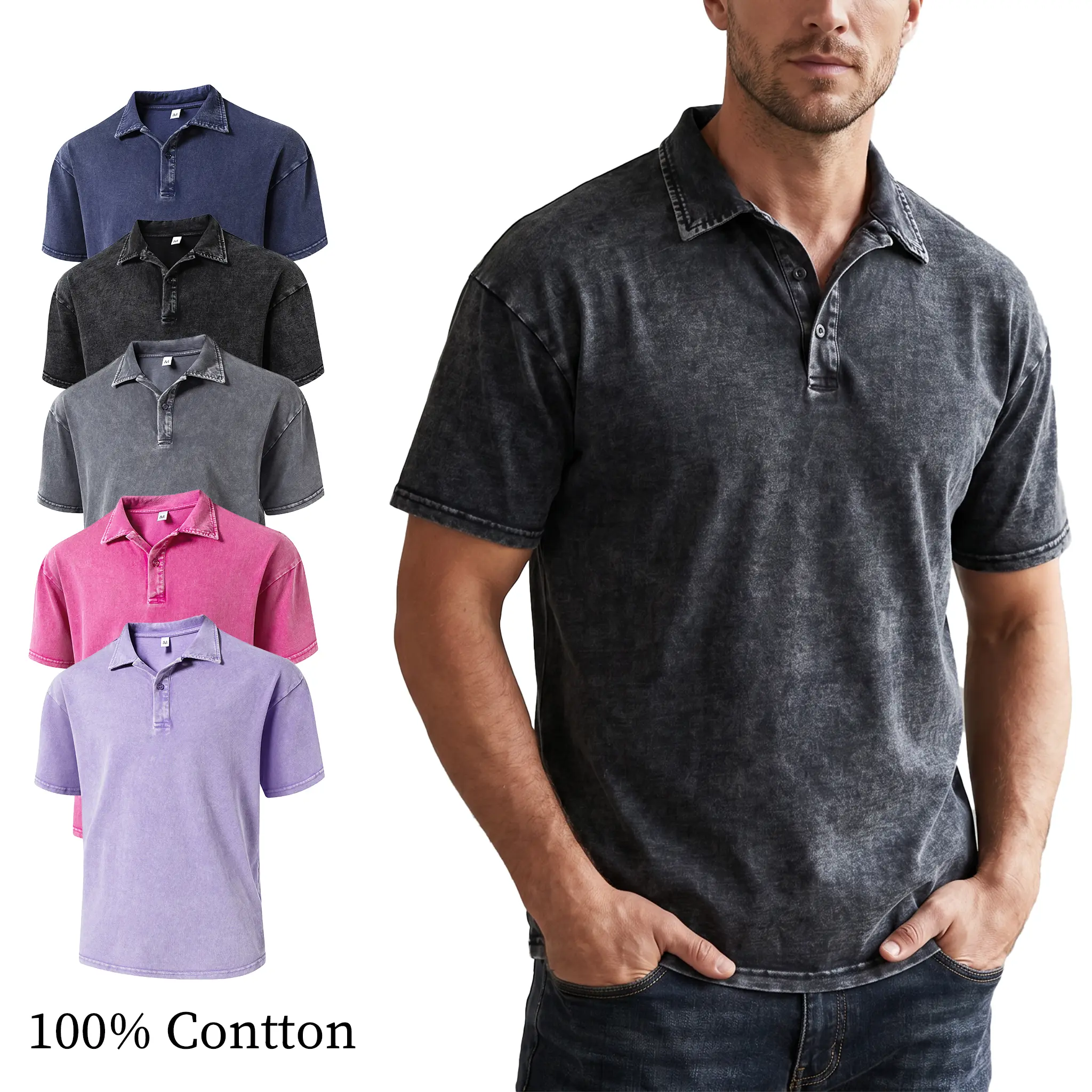 Men's 100% cotton vintage solid-color short-sleeve breathable polo shirt, mens top suitable for work commutes, streetwear, and everyday wear. Gift Set Guide