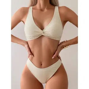 Swim Basics Summer Beach Ladies' Solid Color Twist Front Bikini Set SHEIN