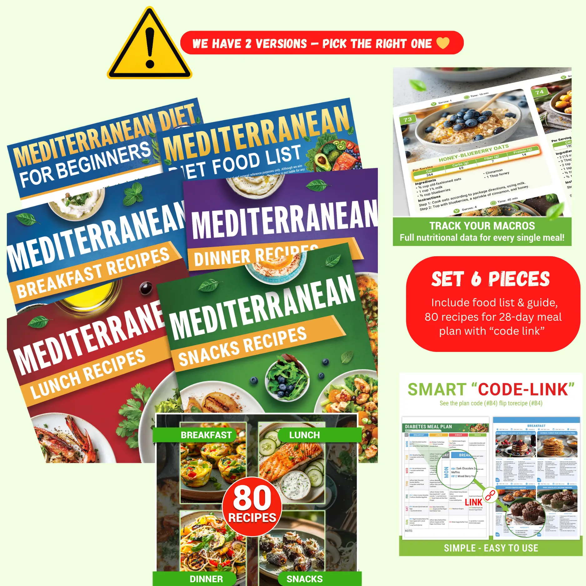 2026 Edition Mediterranean Diet for Beginners & Seniors (6 pieces with 80 recipes), Simple Convenient Smart Easy to Use, Meal Plan Chart, 80 Heart Healthy Recipes, Blue Zone Low Cholesterol Food