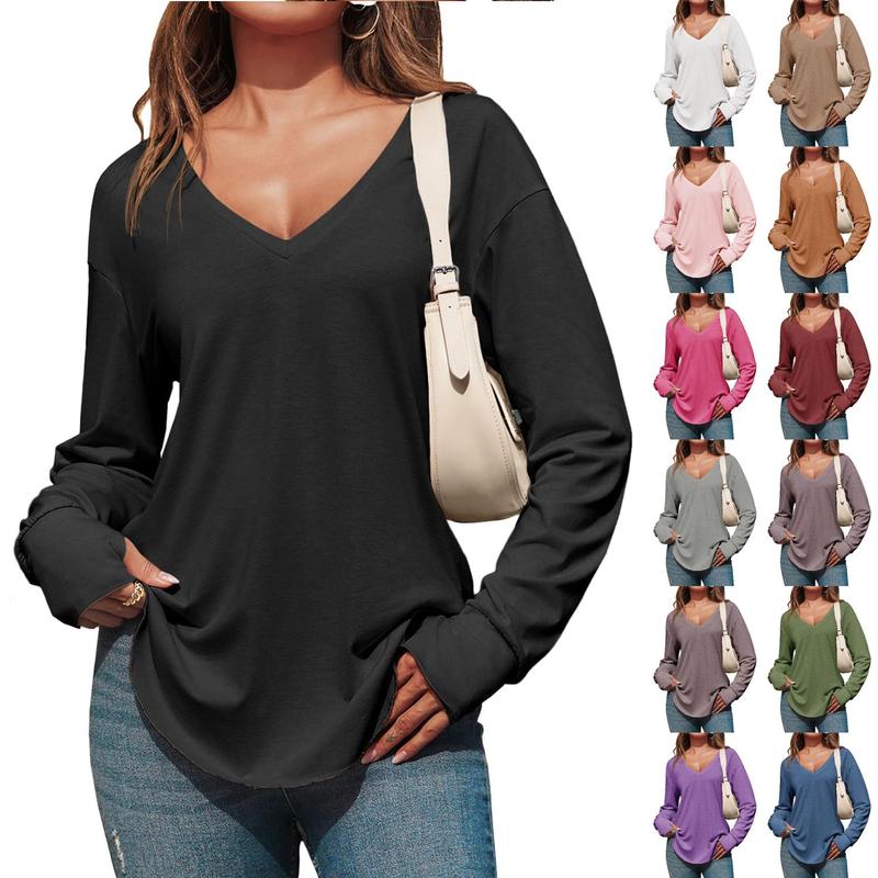 Imily Bela Womens Deep V Neck Tunic Tops Long Sleeve Oversized Casual Loose Fit Curved Hem T Shirts