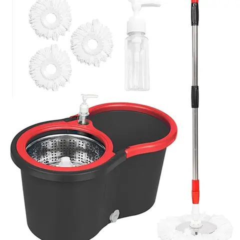 Rotating Spin Mop and Bucket Set with Spin Wringer, 61-in Adjustable Stainless Steel Handle, 3 Polyester Microfiber Refills, Push-Down Rinse, Drainage Design for Hand Protection, Sturdy Basket, Detergent Dispenser for Home Floor Cleaning