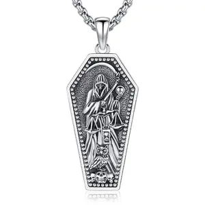 DRINSPER S925 Santa Muerte Collar - 925 Sterling Silver Holy Death Pendant Necklace