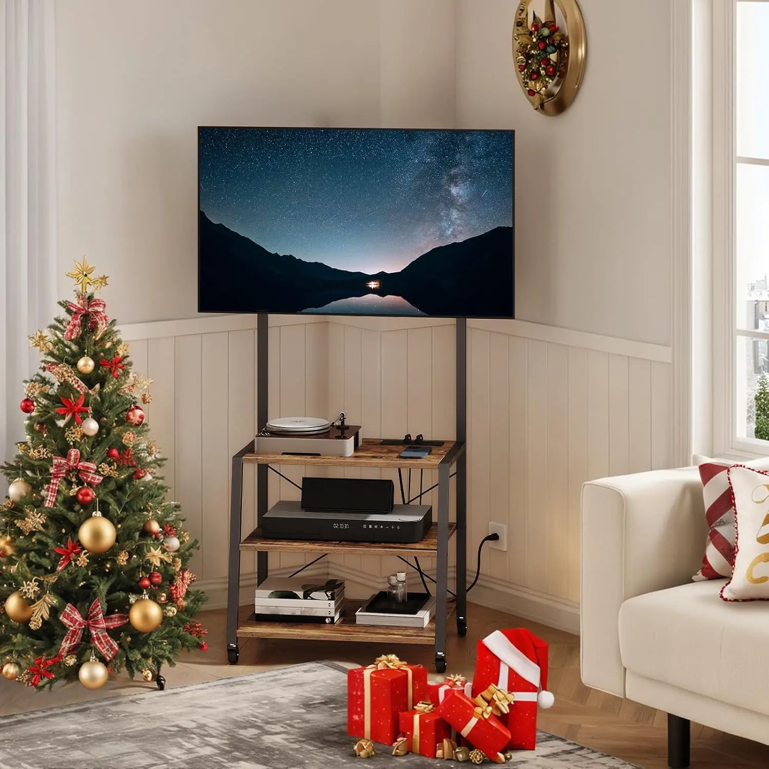 Rolling TV Stand with Mount and Power Outlet Up to 55 inch TV, Corner Entertainment Center, Small TV Stand with 3-Tier Storage Shelves for Living Room, Bedroom, Rustic Brown and Black BF66UDS01
