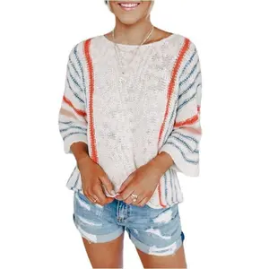 Women 2025 Spring Casual Color Block Striped Lightweight Comfy Cable Knit Trendy Boho Clothes Pullover Sweaters for Business Casual Blouses