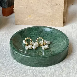 Natural Marble Round Jewelry Tray - Polished Marble Display Stand with Ring & Watch Holder, Multi-Use Tabletop Organizer Suitable for Dresser, Bathroom Vanity, Entryway - Natural Jewelry (No Assembly), Jewelry Trays