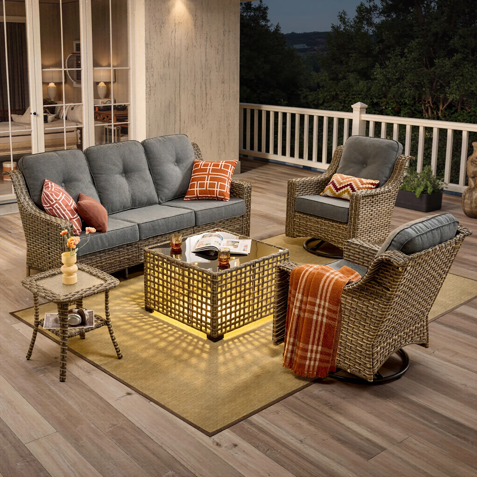 XIZZI 6-Piece Wicker Furniture Set - Outdoor Patio Furniture Sets, 3-Seat Sofa, 2 Chairs, 2 Ottomans, Solar Coffee Table, Eco-Friendly for Family & Friends