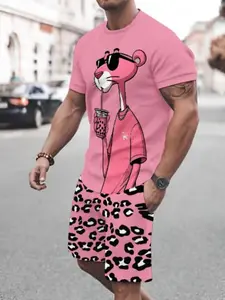 Men's Printed Short Sleeve Fitted T-Shirt + Shorts Set, Casual Sportswear, Breathable Outdoor Leisure Wear, Summer 3D Print