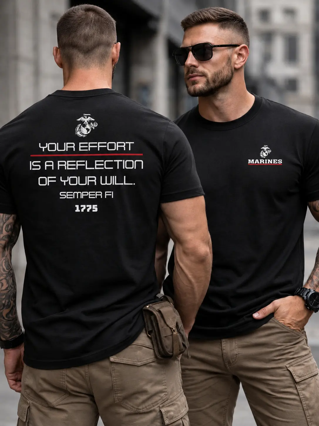 Menswear USMC Reflection of Will 100% Cotton Tee & Hoodie, Men's Classic Round Neck Graphic Tshirt, Semper Fidelis Flag Design, Ribbed Details, Soft Casual Streetwear for Everyday Wear