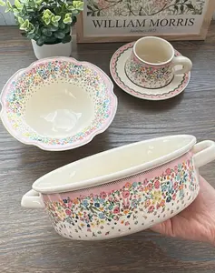 Sea of Flowers Ceramic 3-Piece Bowl & Cup Set