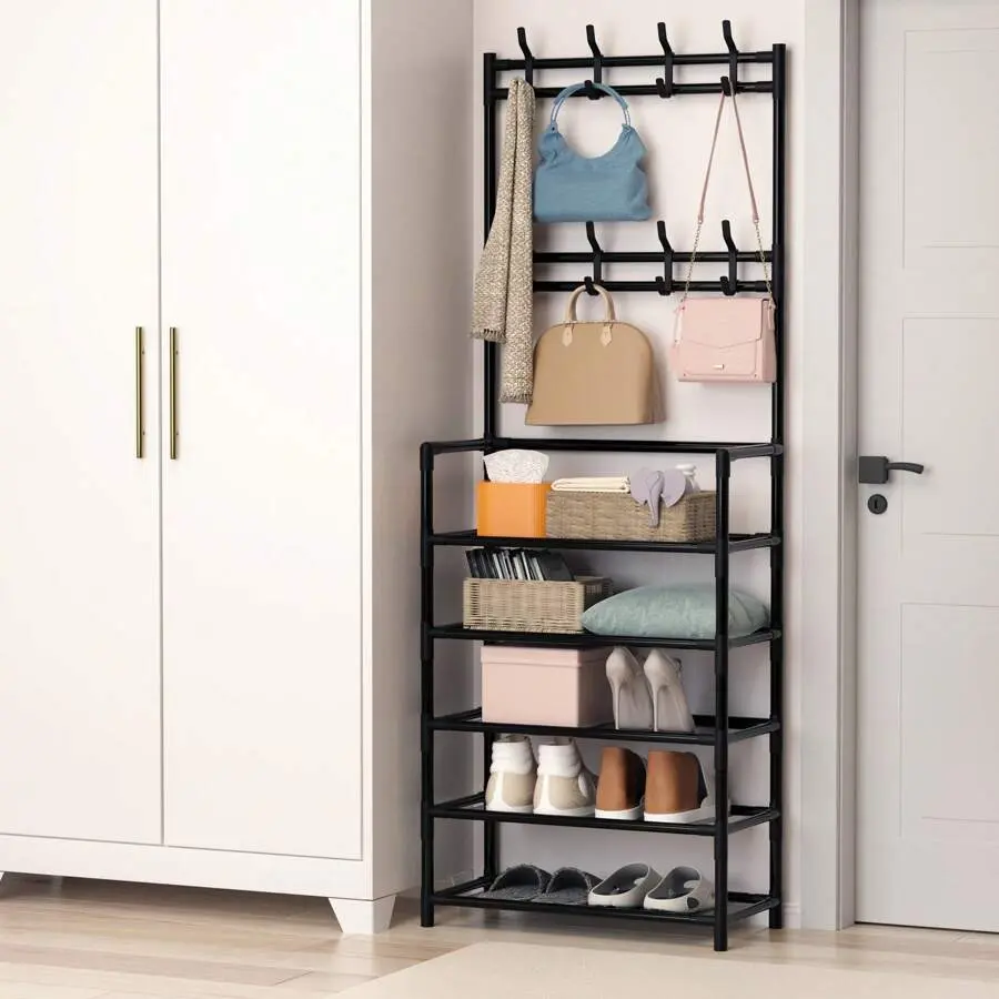 Sohochic 5-Layer Rectangular Organizer Rack - 8 Space-Saving Hangers, 25kg Capacity, Durable-Stable Build, Clothes Display, Hat Organizer, Adjustable Height, Freestanding/Hanging Rack Shoe Holder, Home Storage Solutions for Kid Room