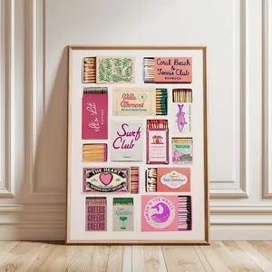 Retro Matchbox Wall Art Print - Eclectic Vintage Matchbook Display - Trendy Dorm Room Or Bar Cart Decor - College Apartment Print