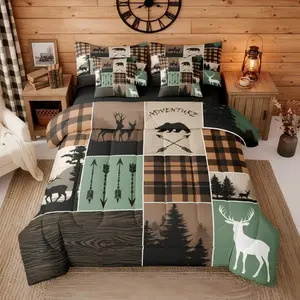 Farmhouse Rustic Comforter,Country Bear Deer 7 Pieces Bed in A Bag - 1 Hunting Animal Comforter,1 Plaid Patchwork Fitted Sheet,1 Flat Sheet,2 Pillow Cases,2 Throw Pillow Covers