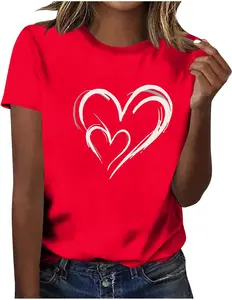 Women's Crewneck T-Shirt Cute Love Heart Print Short Sleeve Graphic Top Modern Classic Valentine Day Shirt Gift